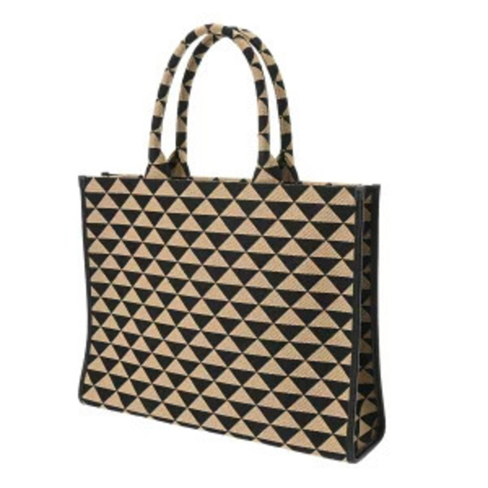 Prada Canvas Handbag Black Bag Beige Symbol Embroidery Jacquard